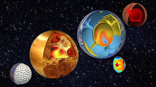 Illustration showing convection patterns in the interior of the terrestrial bodies of our Solar System.