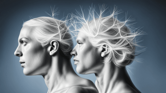 Computer illustration showing two persons in profile, with hair extending into a network graph.