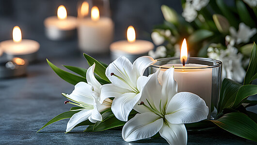 Photo of flowers and candles on a table.