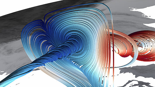 Visualization of velocity flowlines under the Himalaya mountain range; snapshot from a global convection model simulated with HHG.
