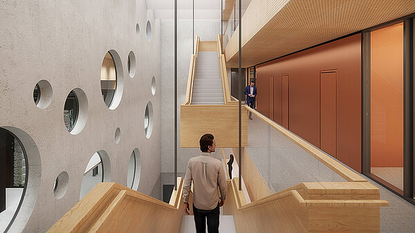 Illustration des HLRS III „Canyon“, gesehen von hinter einer Person, die eine Treppe hinuntergeht. Auf der linken Seite befindet sich eine Wand mit runden Fenstern, hinter denen Rechencluster zu sehen sind. Auf der rechten Seite befindet sich ein Flur mit Türen zu Büros.