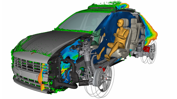 Visualization of air circulation in a car with open suroof.