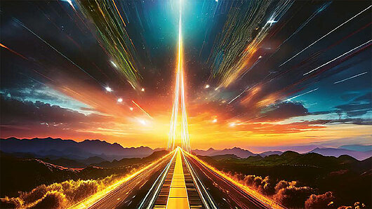 Illustration von Eisenbahnschienen mit Licht am Horizont.