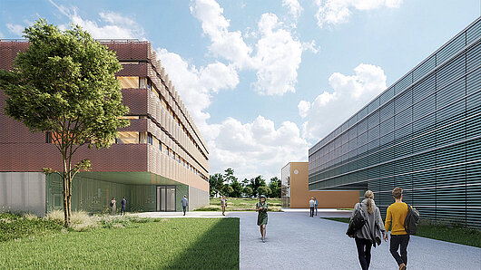 Das neue Gebäude des Rechenzentrums ist links neben dem derzeitigen Gebäude des HLRS zu sehen, mit dem Kraftwerk im Hintergrund. Auf einem Platz zwischen den Gebäuden sind Menschen abgebildet, die dort spazieren gehen.
