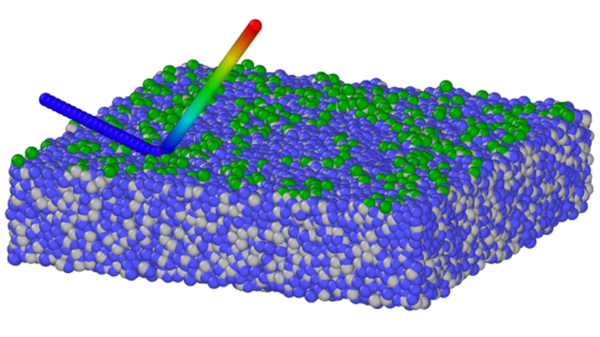 Darstellung eines Sauerstoffatoms, das von einer Oberfläche abprallt. Die Fläche ist als Quader aus kugelförmigen Elementen dargestellt.