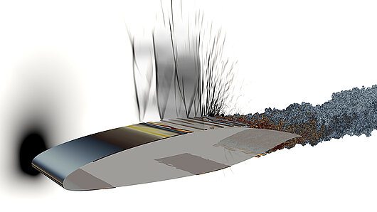 Visualization showing transonic airfoil at Re=500 000 showing Q-criterion surfaces colored by vorticity magnitude.