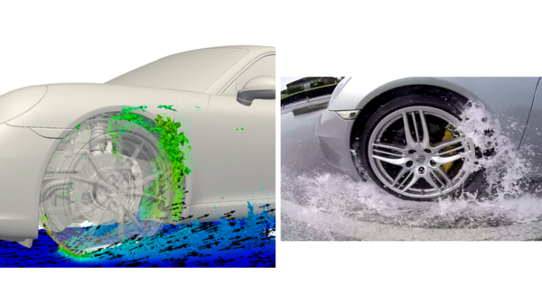 Simulation of water movement as car drives through puddle.
