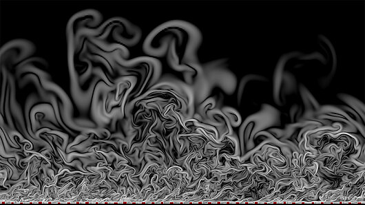 Scientific illustration, showing curving lines representing atmospheric turbulence, with a row of squares along the bottom edge.