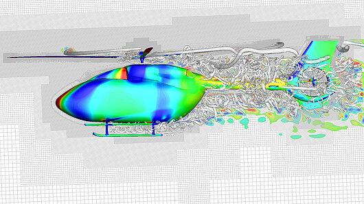 Scientific visualization of turbulence around a helicopter.