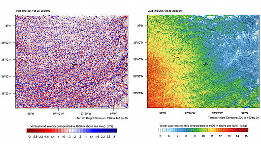 Two graphs showing (left) vertical wind velocity (m/s) and (right) water vapor mixing ratio (g/kg) 1000 m above sea level in the well-developed boundary layer at 3:30 p.m., 23 August 2017 as simulated by WRF with 100 m horizontal resolution. 