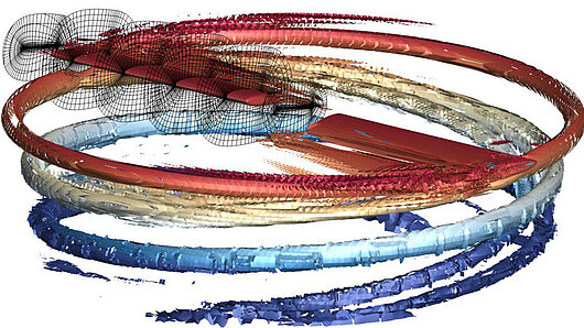 Visiualization of isosurfaces of the Q criterion for a Chimera grid rotor in hover.