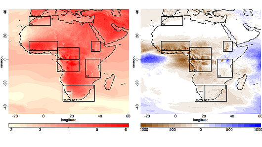 Visualization of end of the century climate change signal of the ensemble mean for the RCP8.5 simulations (2070-2099 minus 1971-2000). Left: temperature change in °C, right: precipitation change in mm/year. 