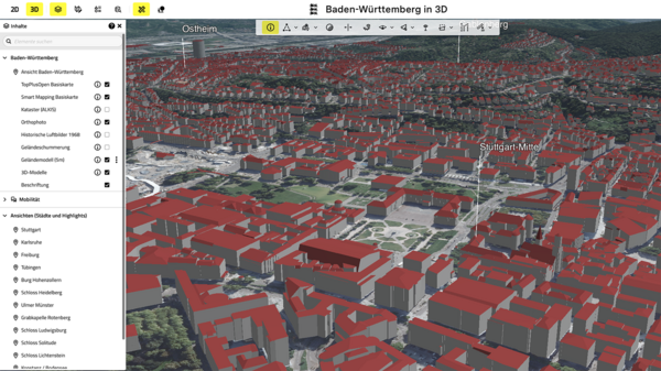 Illustrated visualization from an aerial perspective that shows buildings in downtown Stuttgart, including the Schlossplatz.