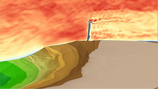 Illustration of airflow around a wind turbine on a hill.