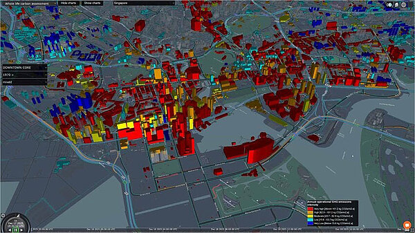 Illustrated visualization of downtown Singapore, with color coding showing amount of emissions per building.