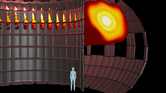 Illustration showing cross-section of a large torus-shaped fusion reactor, approximately four times taller than a person. A burst of runaway electrons is visible along the upper wall of the reactor.