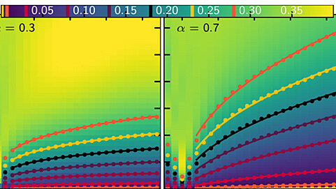 Graphs showing how much information has travelled in a quantum system with long ranging interactions between particles decaying with distance.