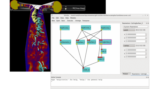 Screenshot of VISTLE graphic user interface and an image showing the visualization of flow in a pump turbine generated by the software.