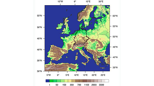 Map of Europe showing model terrain height for ~12 km horizontal resolution. 