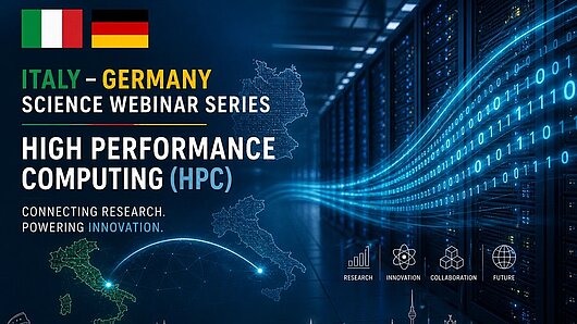 Promotional graphic, with Italian and German flags and computation-related images.