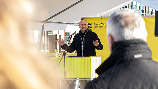 Danyal Bayaz at the podium