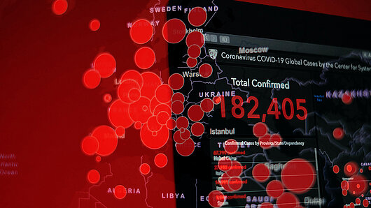Map of Europe with circles representing COVID-19 outbreaks.