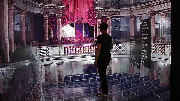 An HLRS scientist appears to observe the historic theater from a balcony in virtual reality.