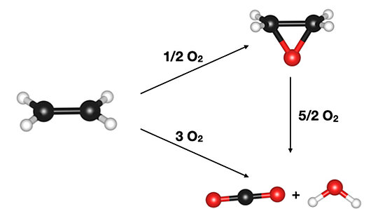 Simplified reaction network showing the partial oxidation of ethylene to ethylene oxide (path to upper right) and the competing combustion of ethylene (path to lower right).