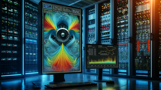 Computer generated illustration showing a dark server room with a vertical monitor showing a scientific simulation in the middle.