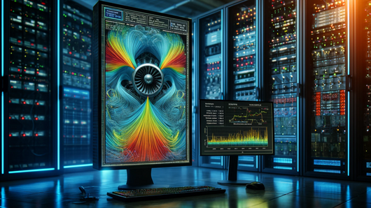 Computer generated illustration showing a dark server room with a vertical monitor showing a scientific simulation in the middle.