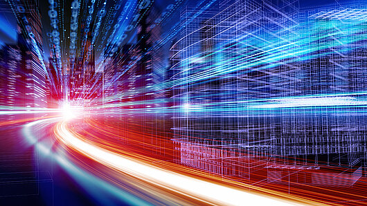 Artist illustration showing binary digits and speeding object.