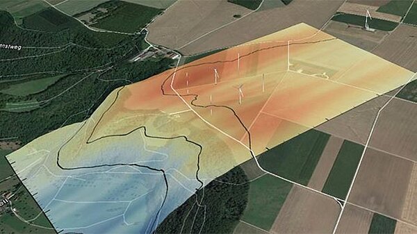 Aerial view of plan for a wind power test field.