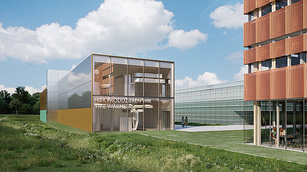 Abbildung des neuen Abwärmenutzungsanlage. Auf einer Glasfassade steht geschrieben: „Hier produzieren wir Ihre Wärme“.