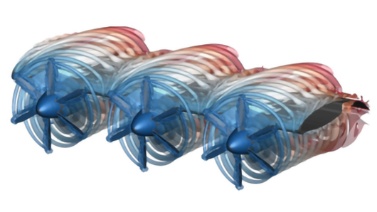 Illustration of turbulence produced by three propellers.