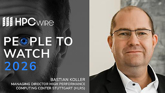 Foto von Bastian Koller mit einem Banner mit der Aufschrift „HPCwire People to Watch 2026”