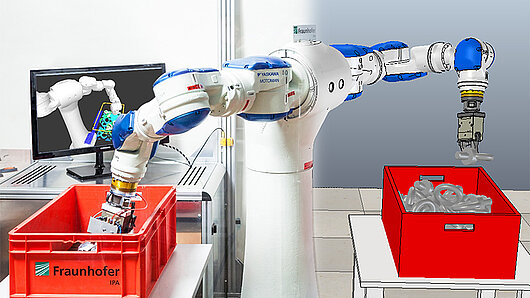 Bild eines Roboters, der Gegenstände in einer Schachtel ergreift