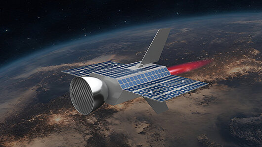 Darstellung eines Satelliten in der Erdumlaufbahn. Das Raumfahrzeug ist mit Sonnenkollektoren bedeckt und verfügt über ein Antriebssystem.
