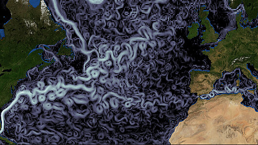 A high-resolution simulation of ocean surface current speeds.