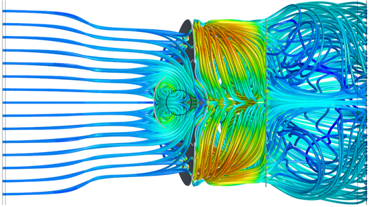Farbige Illustration der Fluiddynamik in der kompakten Harnstoffaufbereitungeinheit.