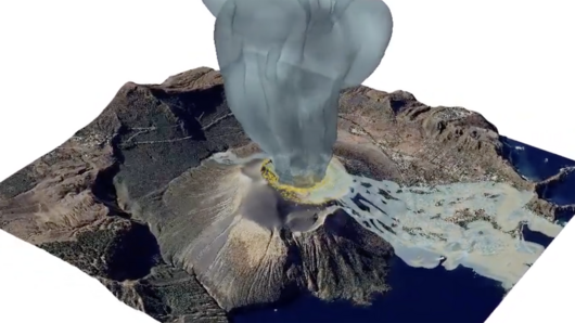 Computer generated illustration of a volcanic eruption.