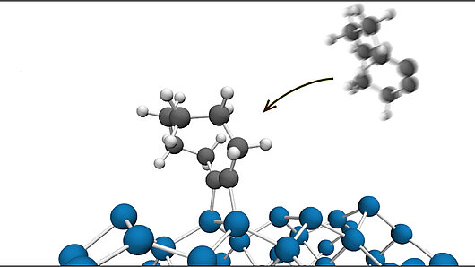 Ball and stick image of one molecule approaching another.