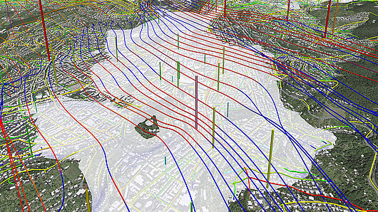 Aerial view of simulation of air pollution over the city of Stuttgart.
