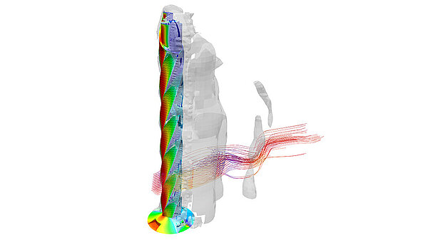Visualization of air turbulence around the Thyssen elevator test tower.