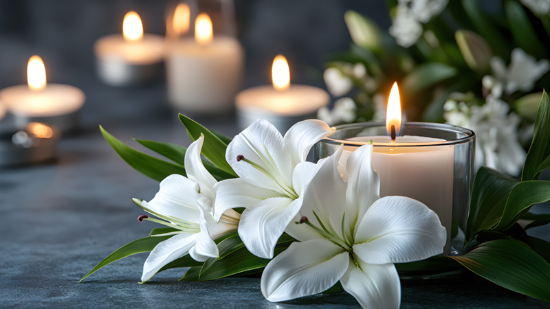 Photo of flowers and candles on a table.