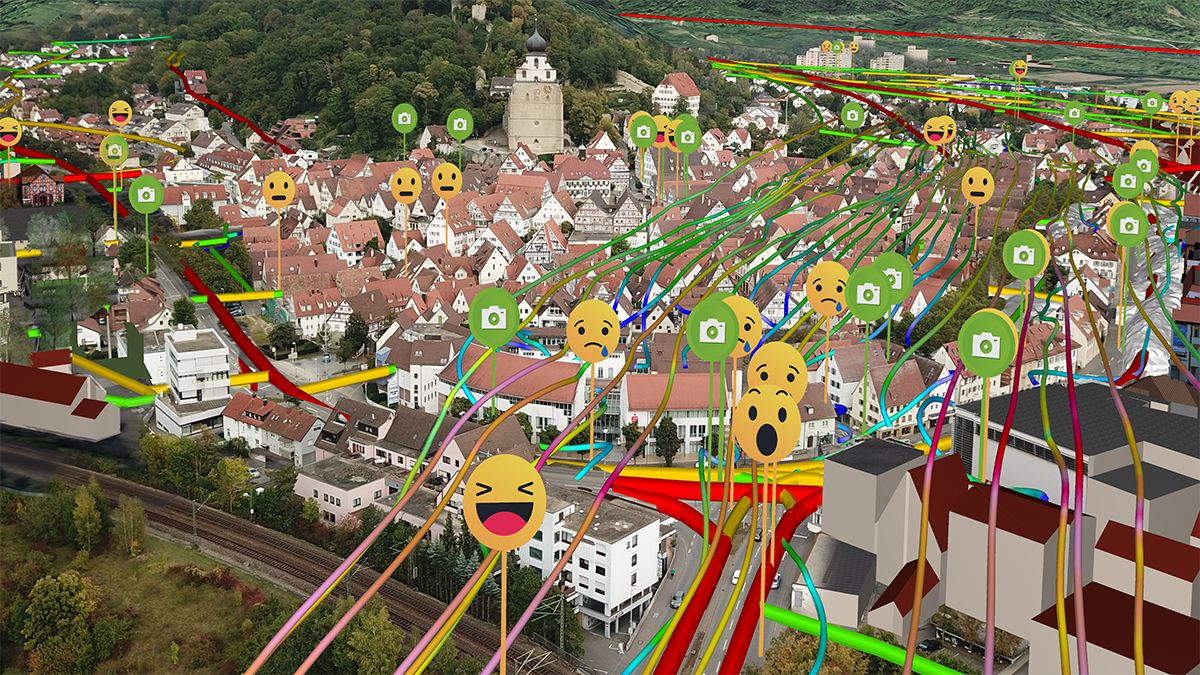 Visualization of town of Herrenberg with "smiley faces" indicating citizen feelings about locations around the city.